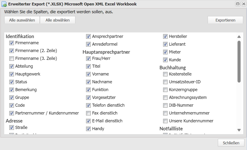 Auswahl Felder für Export